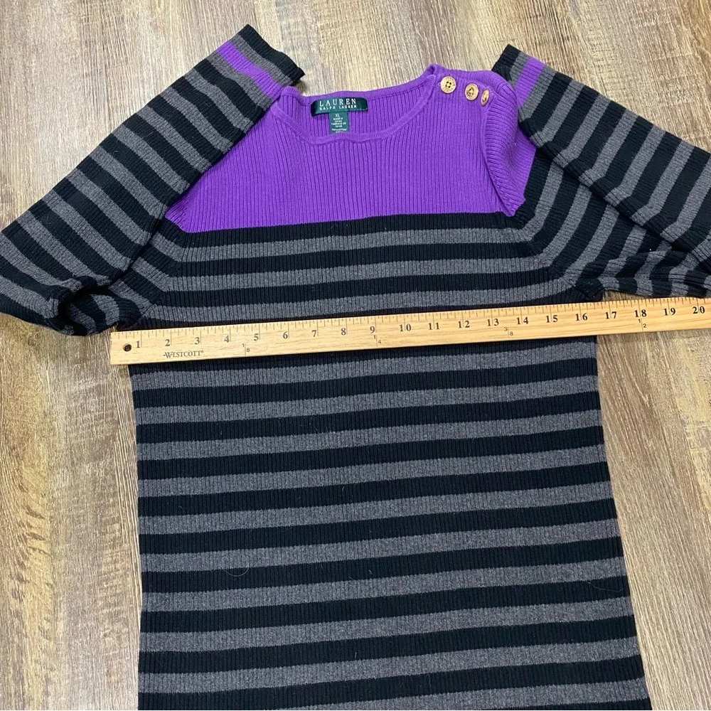 Lauren Ralph Lauren Purple and Black Striped Sweater‎ 3 Shoulder Gold Buttons XL